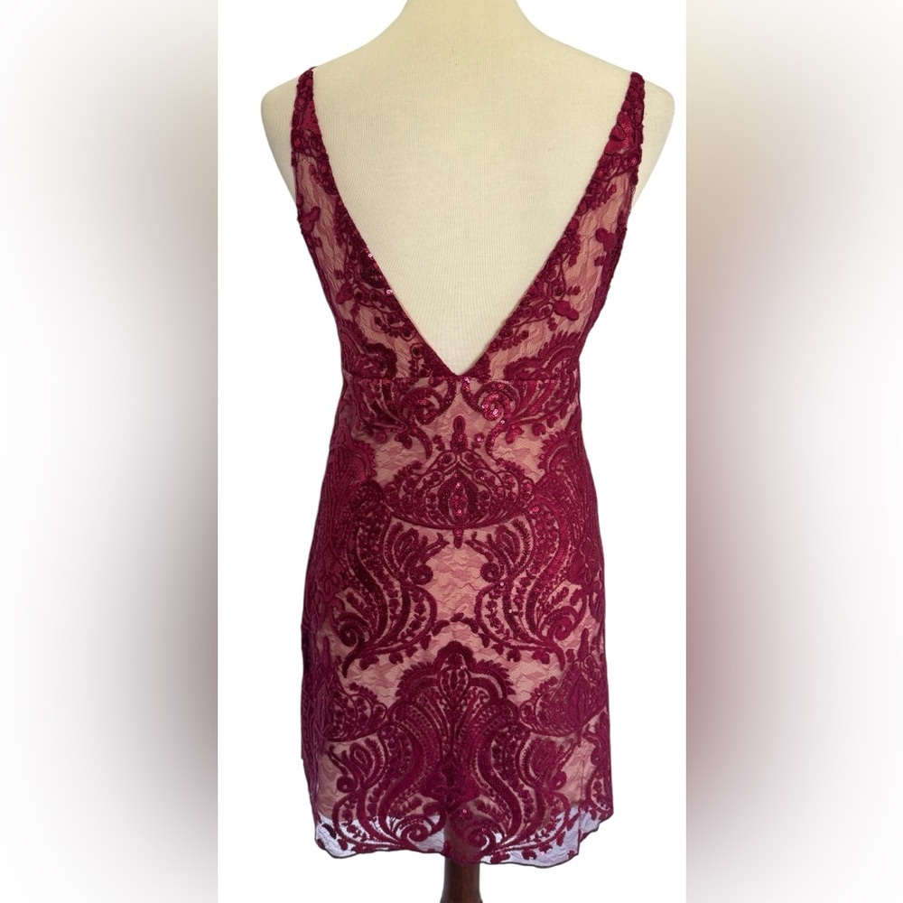Free People Night Shimmer Mini Raspberry Red V Neck Sequined Dress Size 2 - Picture 4 of 13